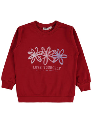 Civil Kız Çocuk Renkli Çiçek Sweatshirt | İnterlok Uzun Kol | Okul Kreş ve Günlük Kullanım - Kırmızı
