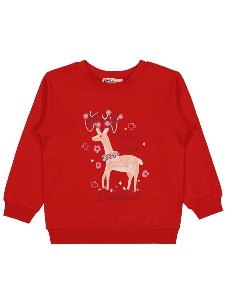 Civil Girls Geyik Baskılı 2-5 Yaş Sweatshirt - Kırmızı