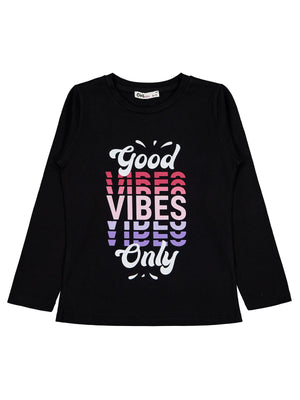 Civil Kız Çocuk Good Vibes Only Baskılı Sweatshirt | Likralı Süprem | Okul Kreş ve Günlük Kullanım - Siyah