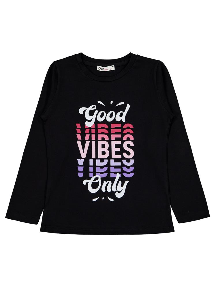 Civil Girls Good Vibes Only Baskılı 6-9 Yaş Sweatshirt - Siyah
