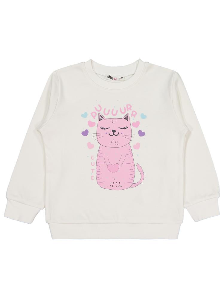 Civil Girls Kedi Baskılı 2-5 Yaş Sweatshirt - Ekru