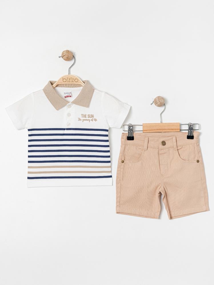 Bizizo Çizgili Polo Yaka 9-24 Ay Takım - Bej