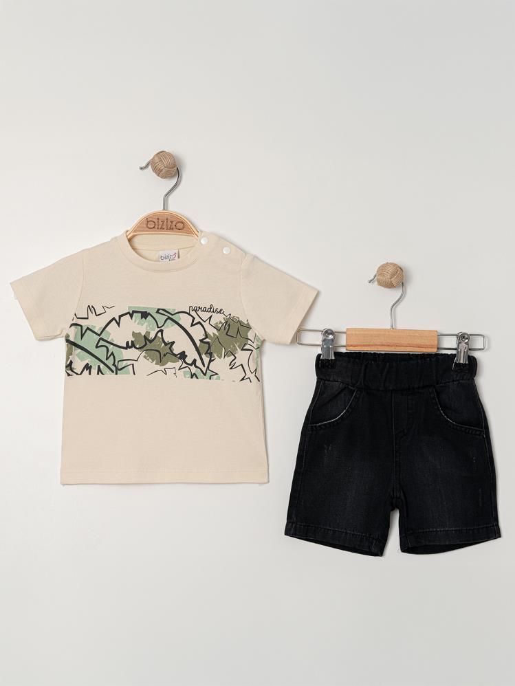 Bizio Yaprak desenli Omuzdan Çıtçıtlı 9-24 Ay Takım - Bej