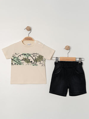 Bizio Yaprak desenli Omuzdan Çıtçıtlı 9-24 Ay Takım - Bej