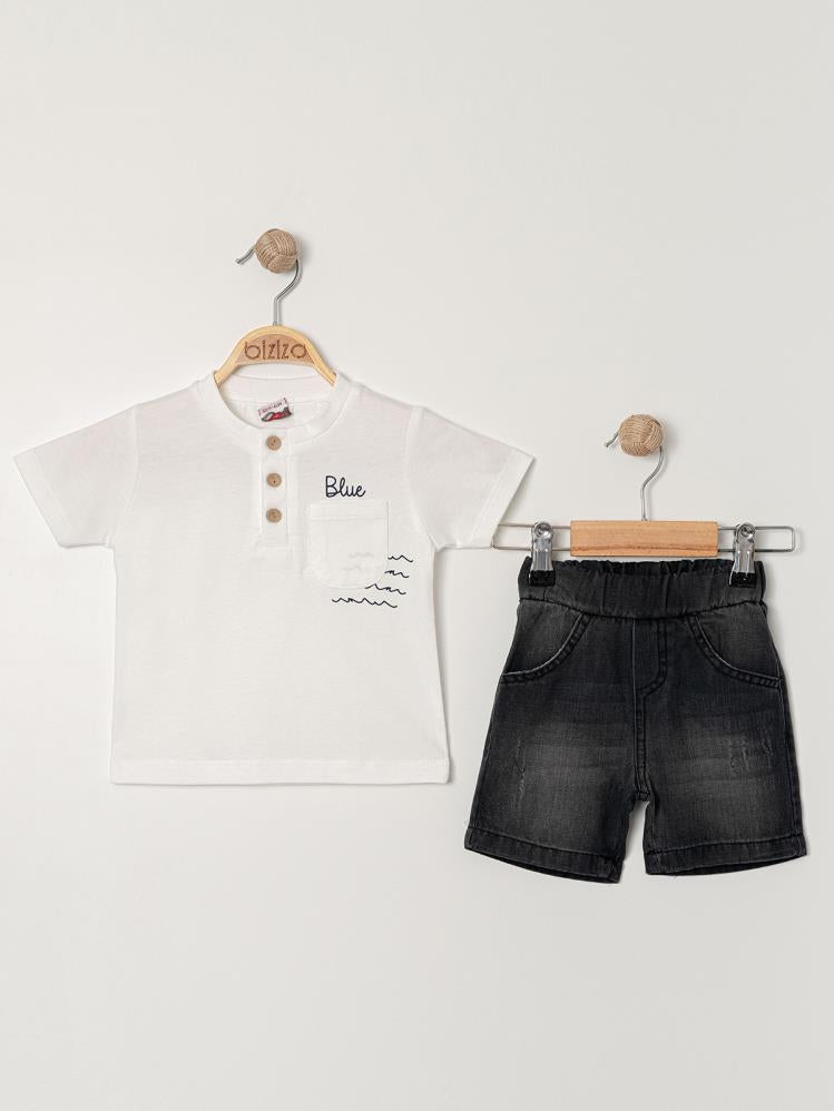 Bizizo Blue baskılı Yakası Düğmeli 9-24 Ay Takım - Ekru
