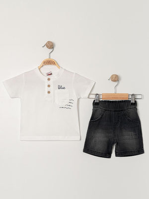 Bizizo Blue baskılı Yakası Düğmeli 9-24 Ay Takım - Ekru