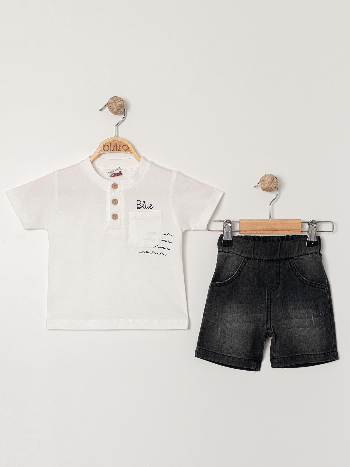 Bizizo Blue baskılı Yakası Düğmeli 9-24 Ay Takım - Ekru