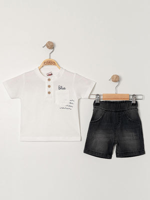 Bizizo Blue baskılı Yakası Düğmeli 9-24 Ay Takım - Ekru