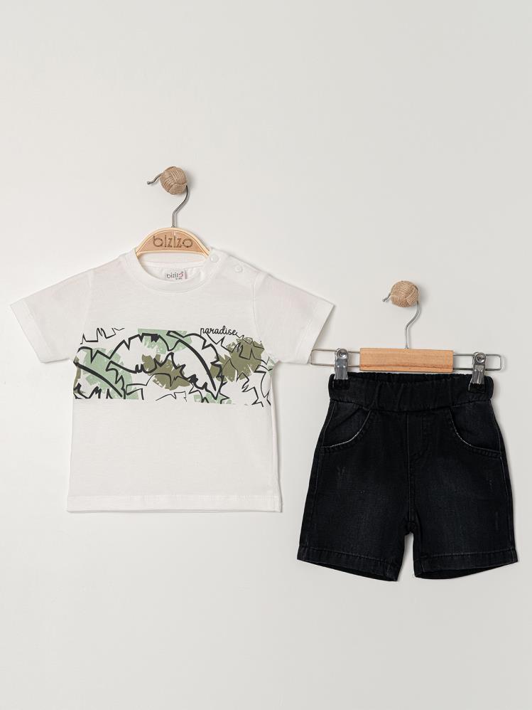 Bizio Yaprak desenli Omuzdan Çıtçıtlı 9-24 Ay Takım - Ekru