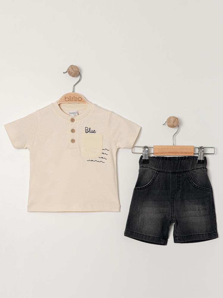 Bizizo Blue baskılı Yakası Düğmeli 9-24 Ay Takım - Bej