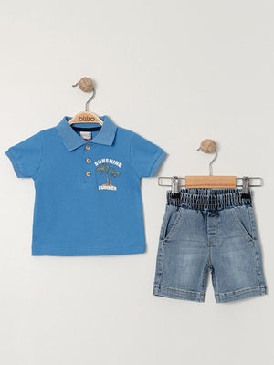 Bizizo Palmiye baskılı Polo Yaka 9-24 Ay Takım - Mavi