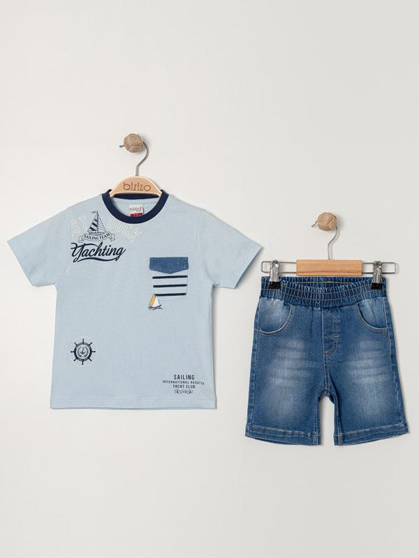 Bizizo Yelken baskılı Bisiklet Yaka 2-5 Yaş Takım - Mavi