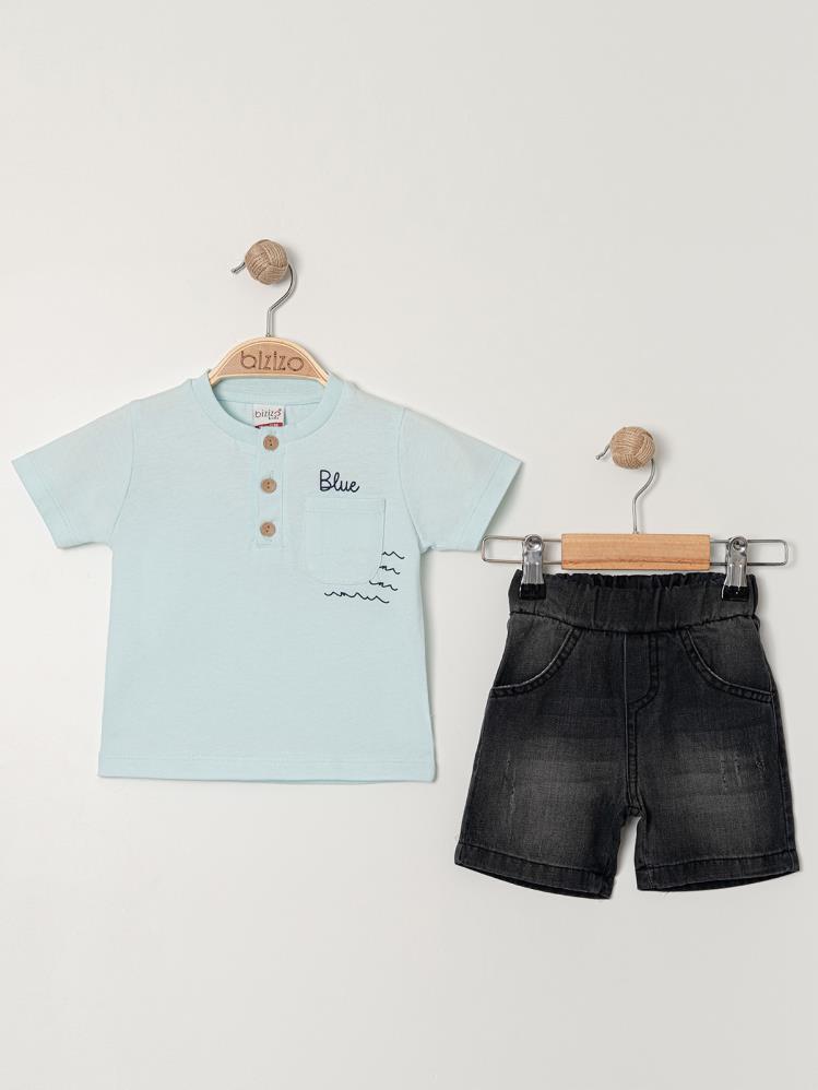 Bizizo Blue baskılı Yakası Düğmeli 9-24 Ay Takım - Mavi