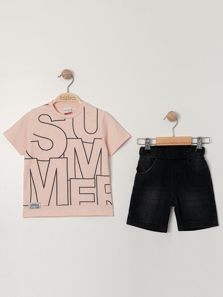 Bizizo Summer baskılı Bisiklet Yaka 2-5 Yaş Takım - Pudra