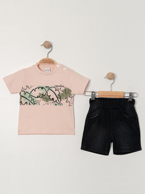 Bizio Yaprak desenli Omuzdan Çıtçıtlı 9-24 Ay Takım - Pudra