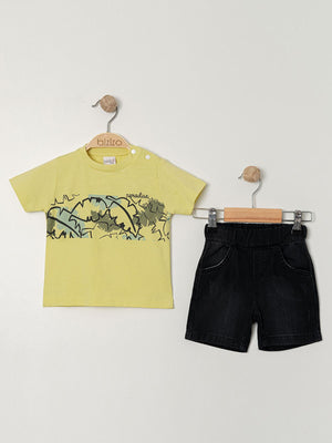 Bizio Yaprak desenli Omuzdan Çıtçıtlı 9-24 Ay Takım - Sarı