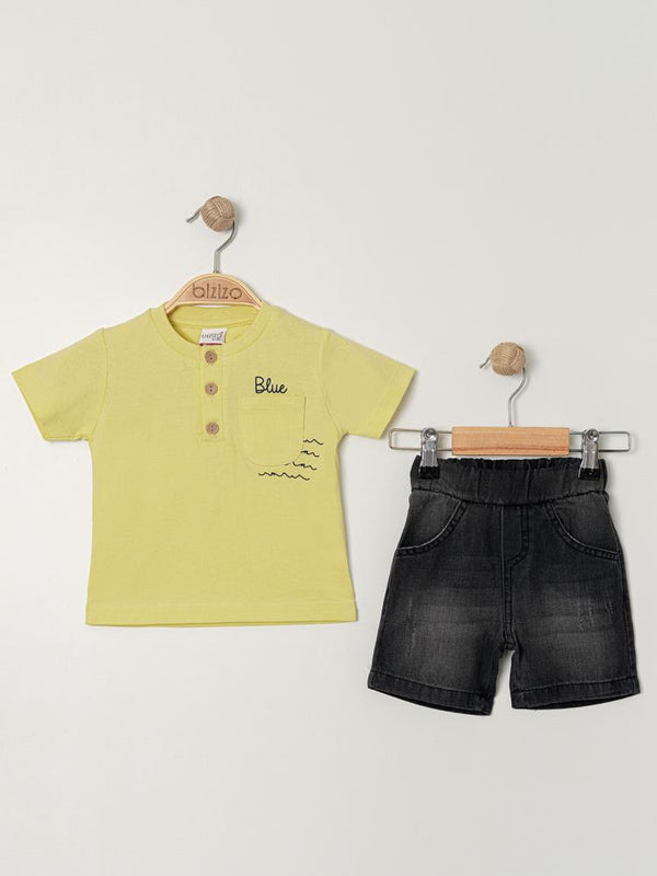 Bizizo Blue baskılı Yakası Düğmeli 9-24 Ay Takım - Sarı