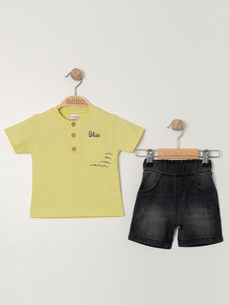 Bizizo Blue baskılı Yakası Düğmeli 9-24 Ay Takım - Sarı