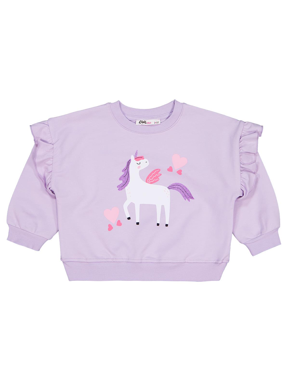 Civil Kız Çocuk Kalpli Unicorn Baskılı Sweatshirt | 2 İp Uzun Kol | Okul Kreş ve Günlük Kullanım - Lila