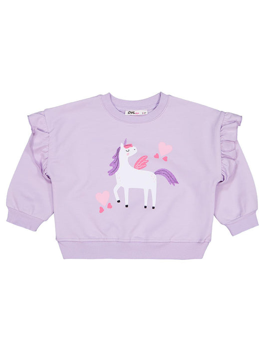Civil Kız Çocuk Kalpli Unicorn Baskılı Sweatshirt | 2 İp Uzun Kol | Okul Kreş ve Günlük Kullanım - Lila