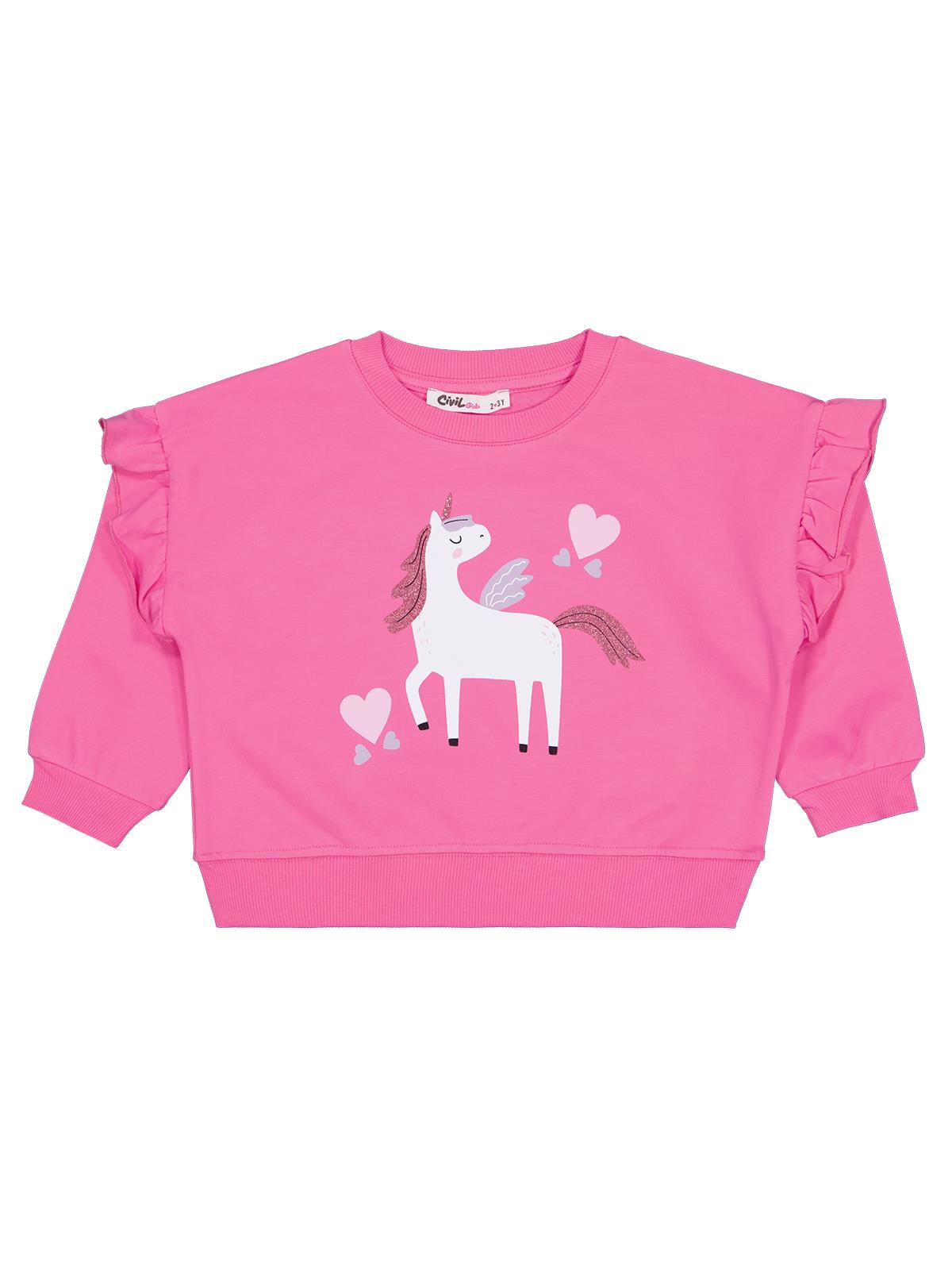 Civil Kız Çocuk Kalpli Unicorn Baskılı Sweatshirt | 2 İp Uzun Kol | Okul Kreş ve Günlük Kullanım - Pembe