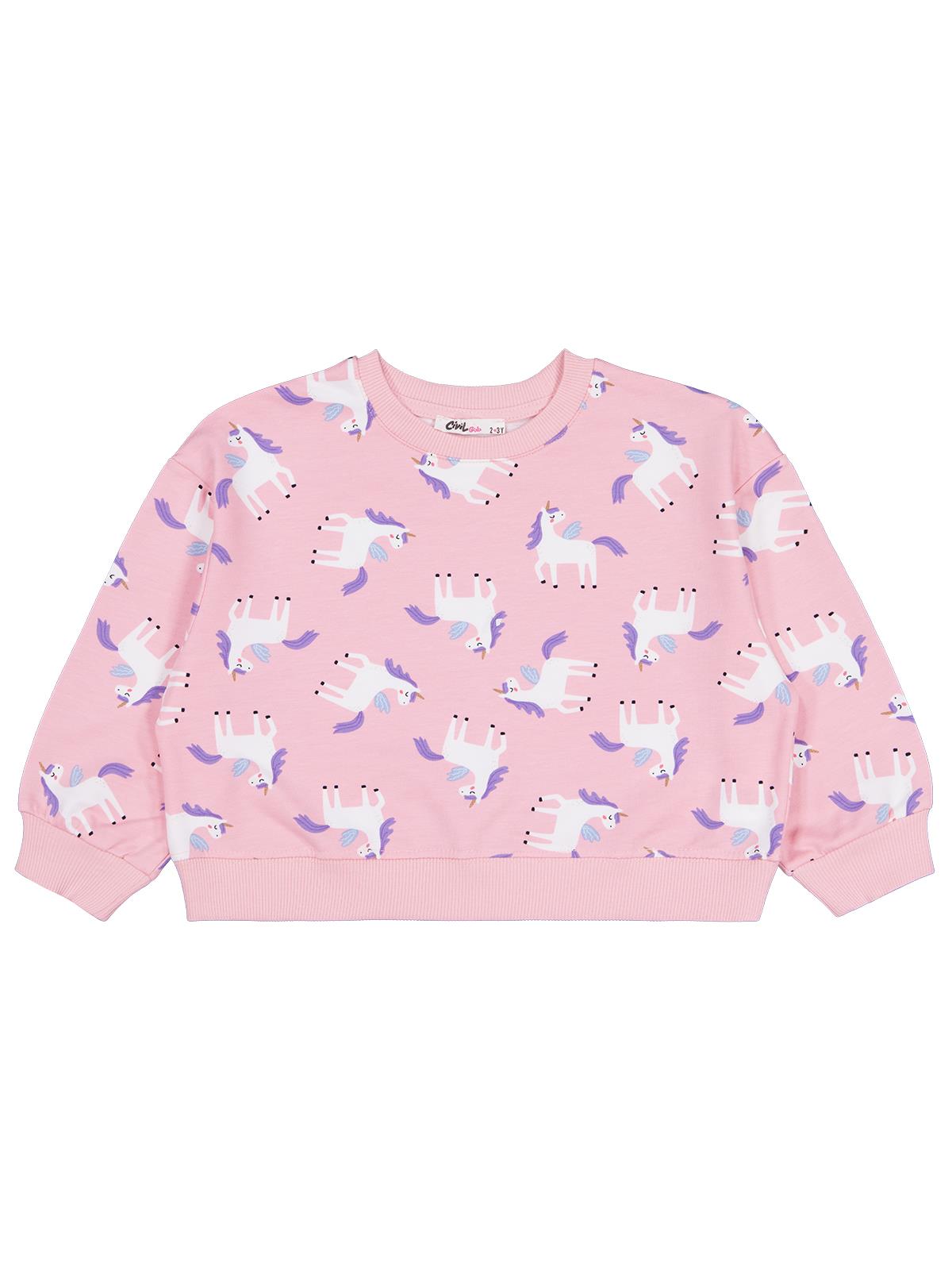 Civil Kız Çocuk Unicorn Baskılı Sweatshirt | 2 İp Uzun Kol | Okul Kreş ve Günlük Kullanım - Pembe