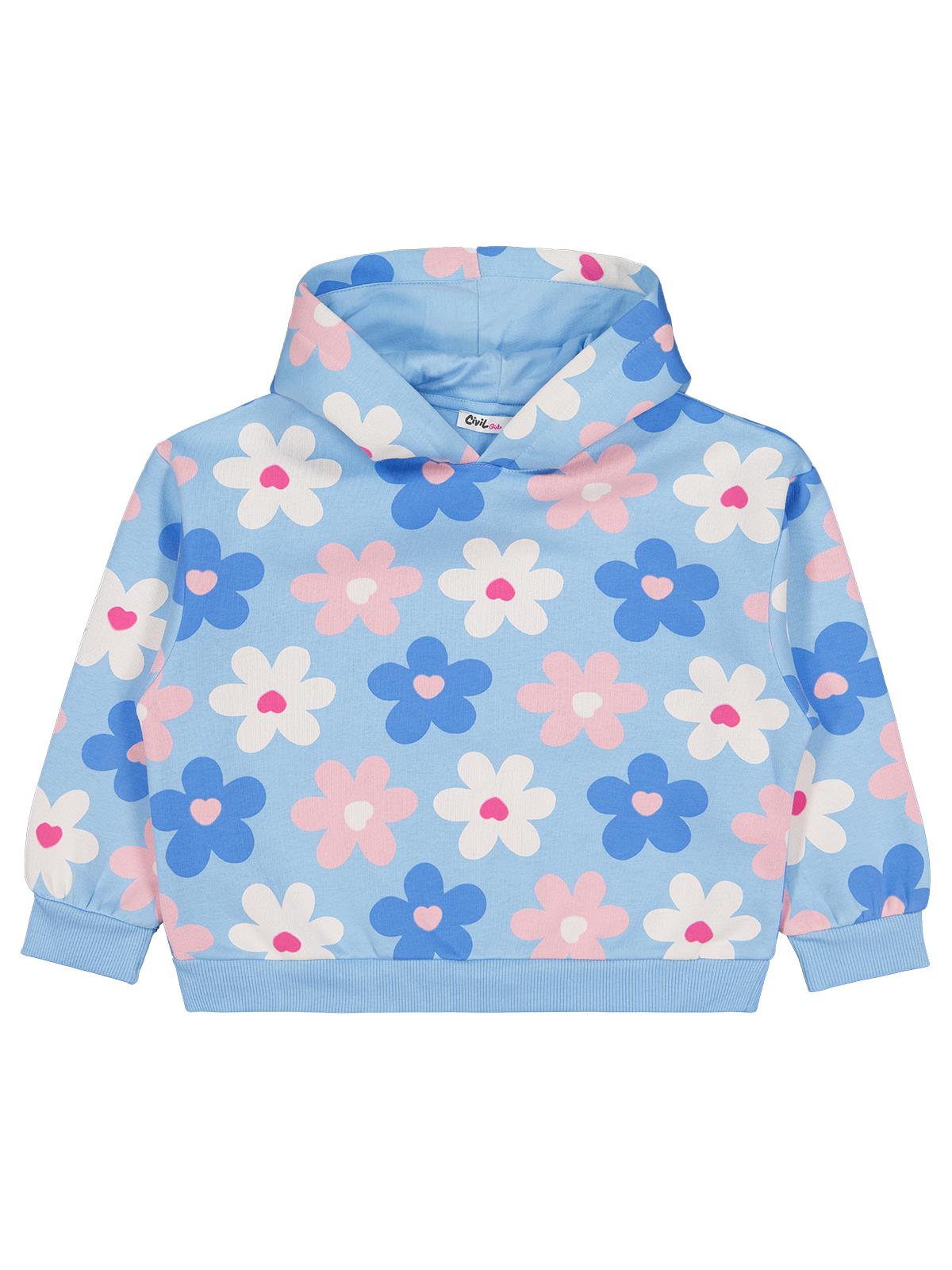 Civil Kız Çocuk Renkli Çiçek Baskılı Sweatshirt | 3 İp Uzun Kol | Okul Kreş ve Günlük Kullanım - Mavi