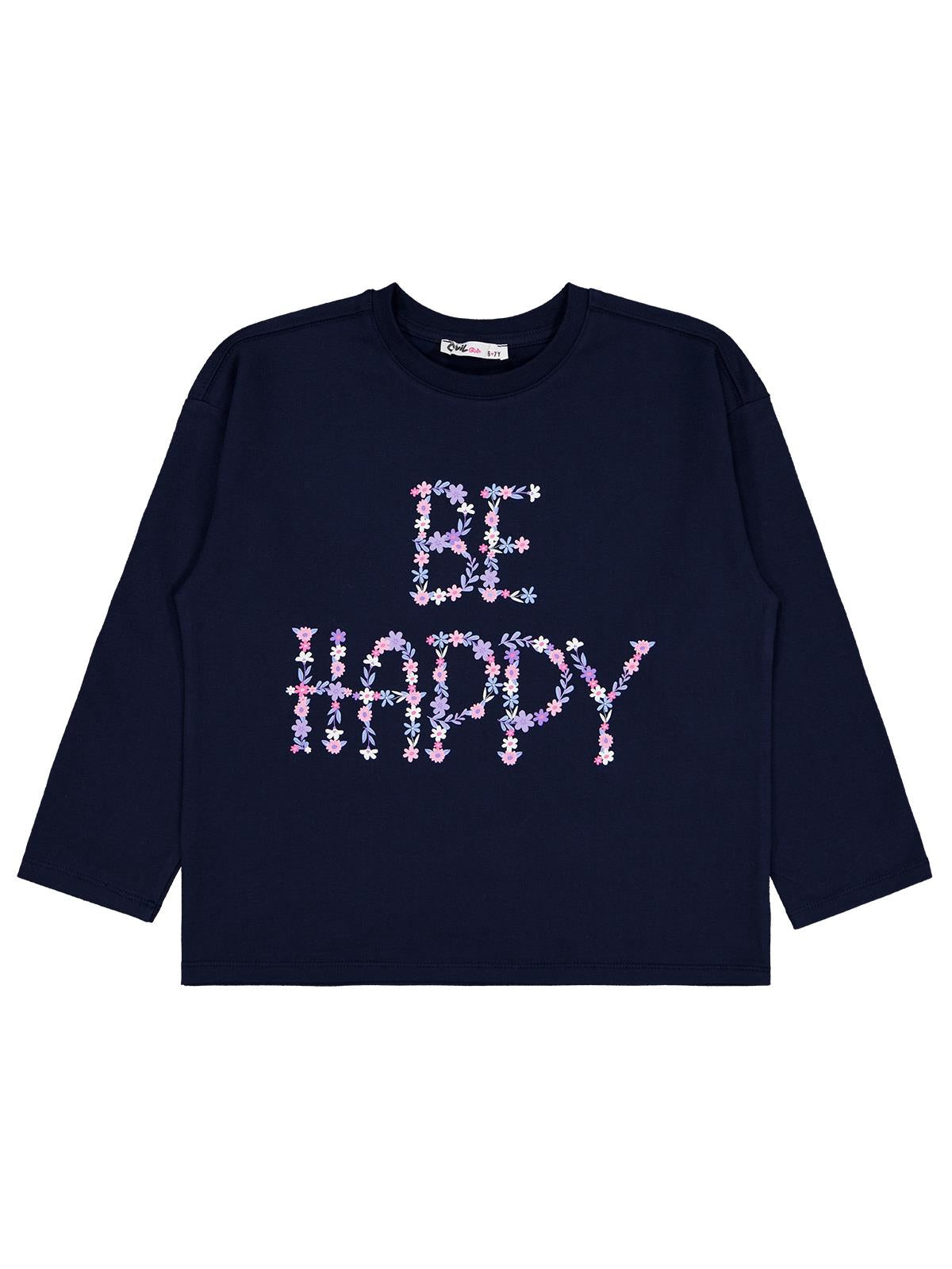 Civil Kız Çocuk Be Happy Baskılı Sweatshirt | Likralı Süprem Şardonlu | Okul Kreş ve Günlük Kullanım - Lacivert