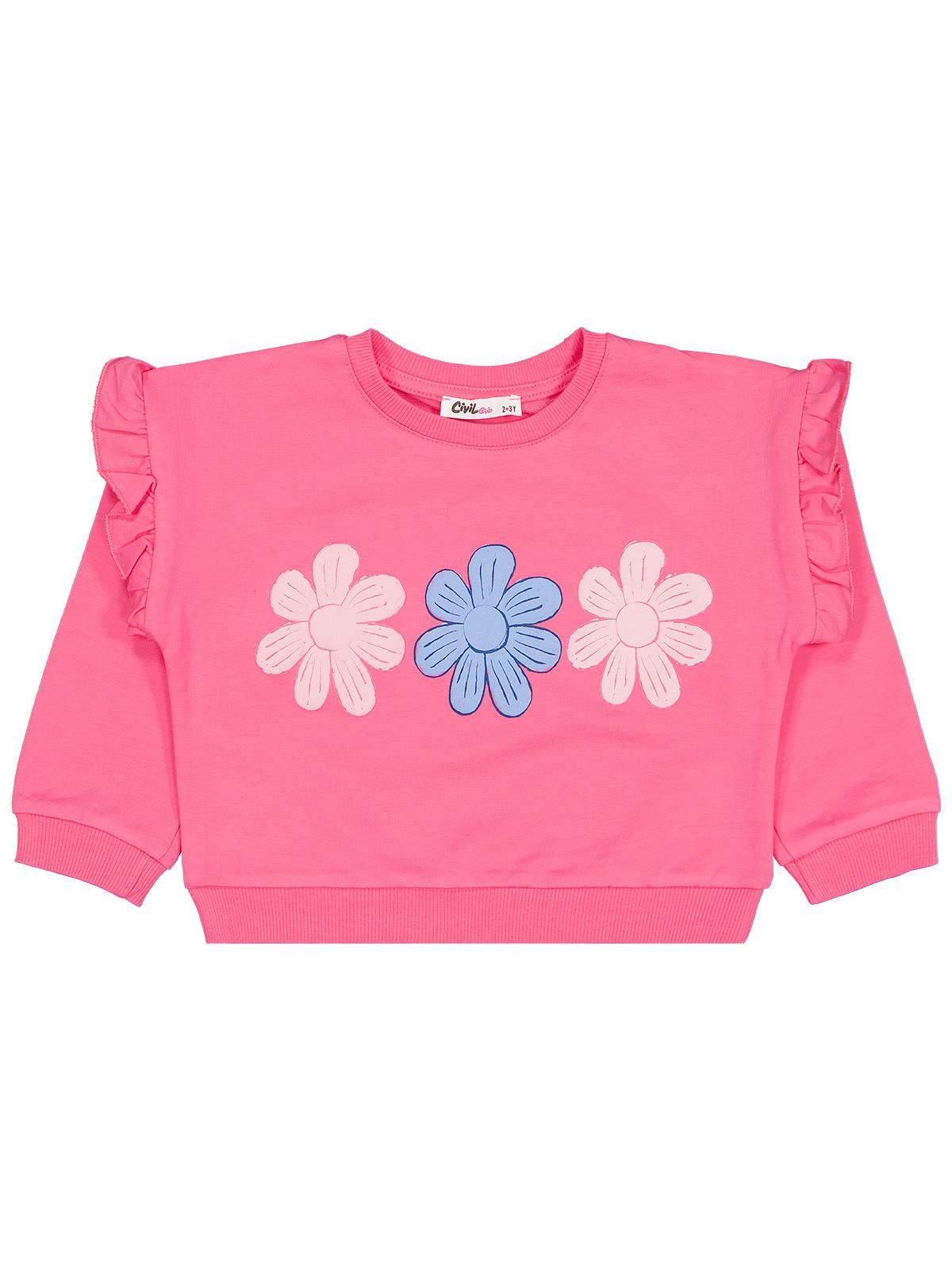 Civil Kız Çocuk Renkli Papatya Baskılı Sweatshirt | 2 İp Uzun Kol | Okul Kreş ve Günlük Kullanım - Pembe