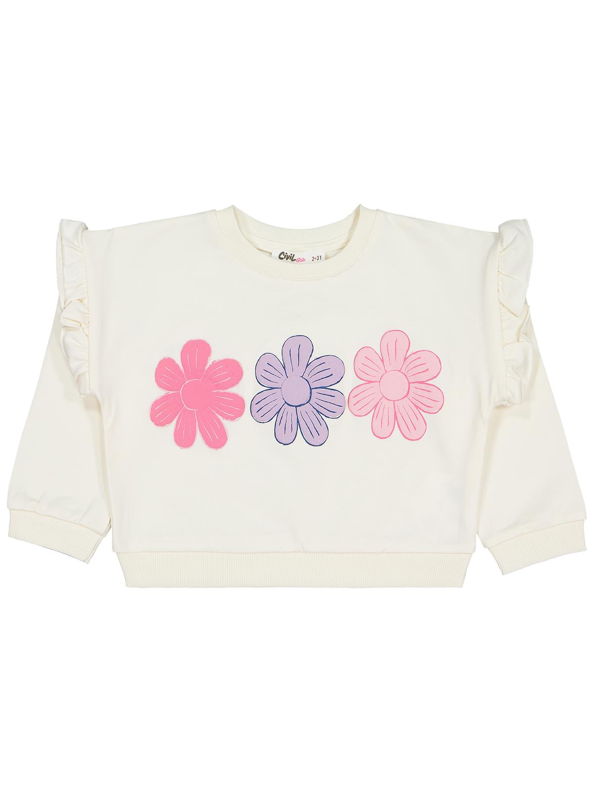 Civil Kız Çocuk Renkli Papatya Baskılı Sweatshirt | 2 İp Uzun Kol | Okul Kreş ve Günlük Kullanım - Ekru