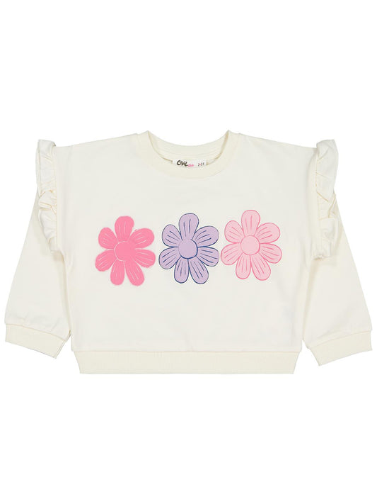 Civil Kız Çocuk Renkli Papatya Baskılı Sweatshirt | 2 İp Uzun Kol | Okul Kreş ve Günlük Kullanım - Ekru
