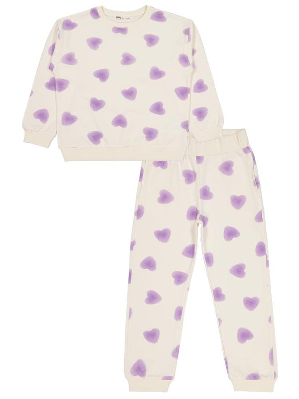 Civil Girls Kalp Baskılı 6-9 Yaş Eşofman Takımı - Ekru