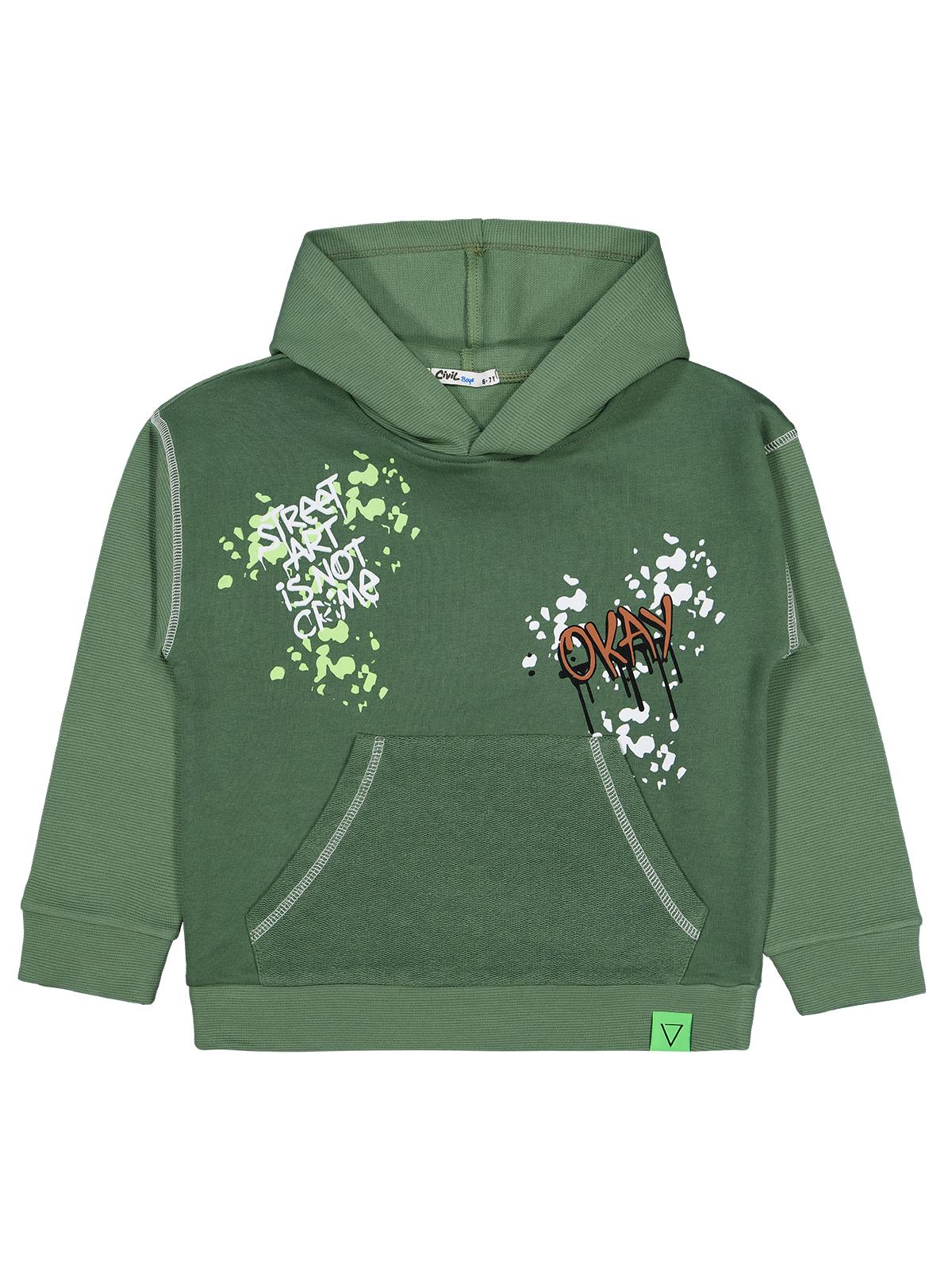 Civil Erkek Çocuk Okay Baskılı Sweatshirt | Ottoman Uzun Kol Kapşonlu | Okul Kreş ve Günlük Kullanım - Yeşil