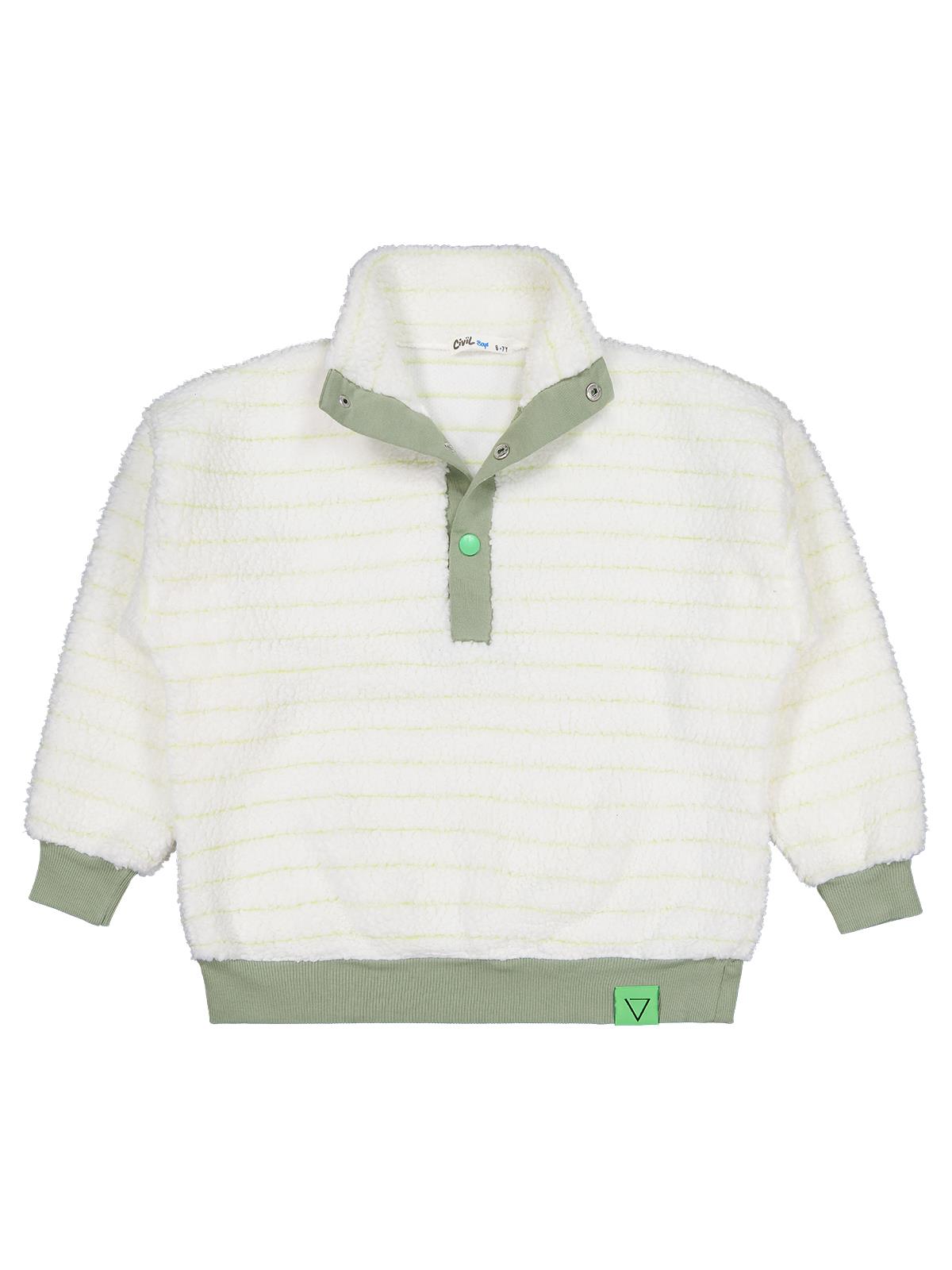 Civil Erkek Çocuk Yakası Patlı Çizgili Sweatshirt | Velsoft Uzun Kol | Okul Kreş ve Günlük Kullanım - Yeşil