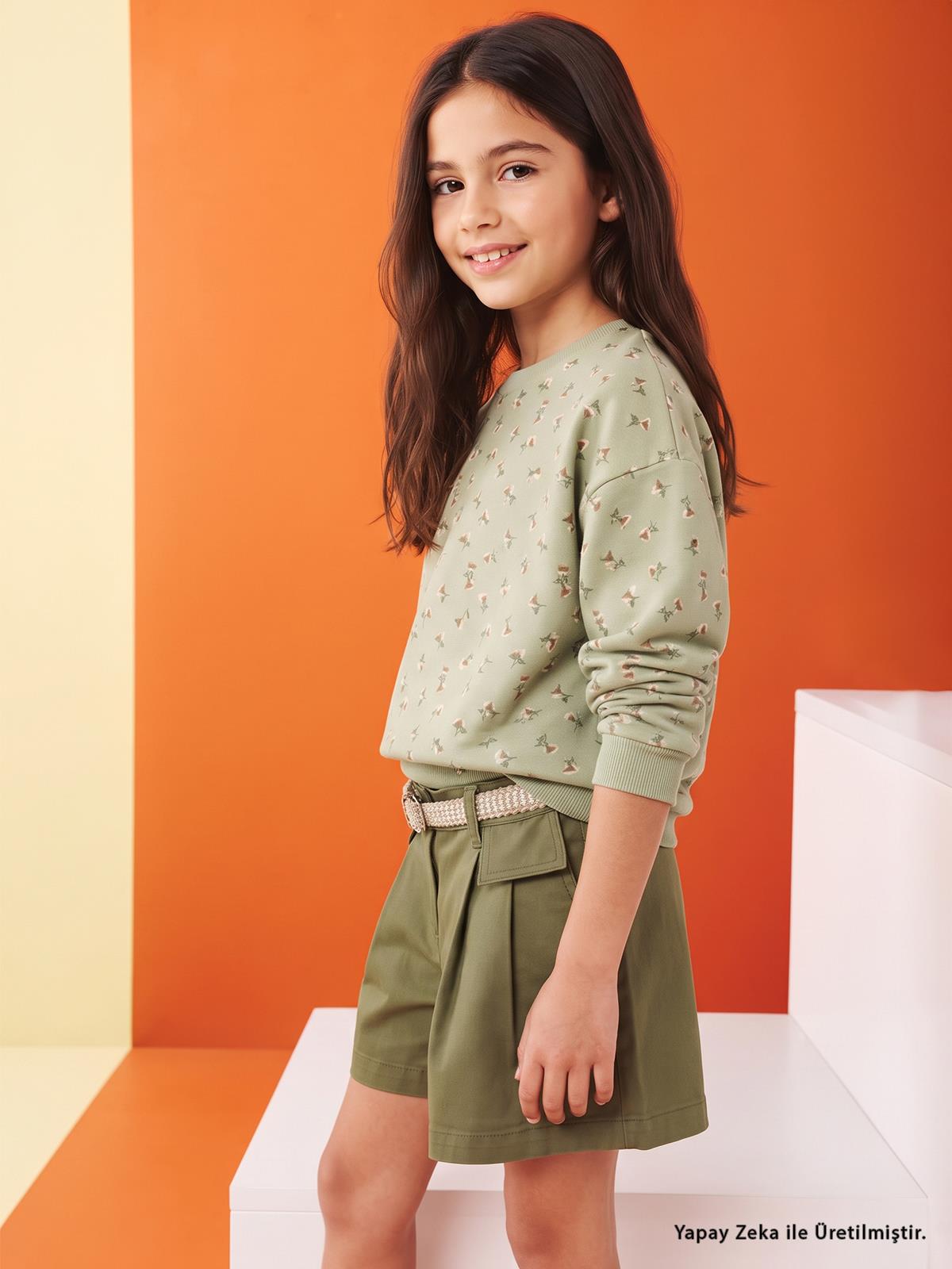 Civil Kız Çocuk Çıtır Çiçek Desenli Sweatshirt | 3 İp Uzun Kol | Okul Kreş ve Günlük Kullanım - Haki