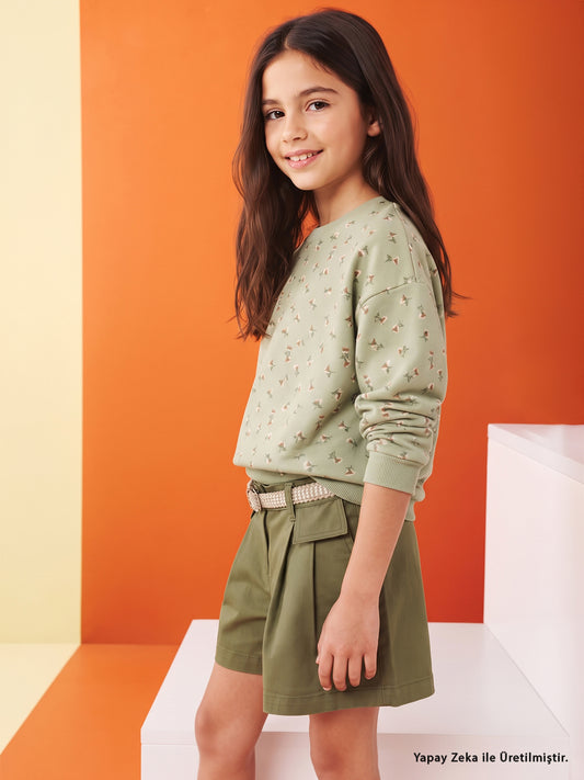 Civil Kız Çocuk Çıtır Çiçek Desenli Sweatshirt | 3 İp Uzun Kol | Okul Kreş ve Günlük Kullanım - Haki