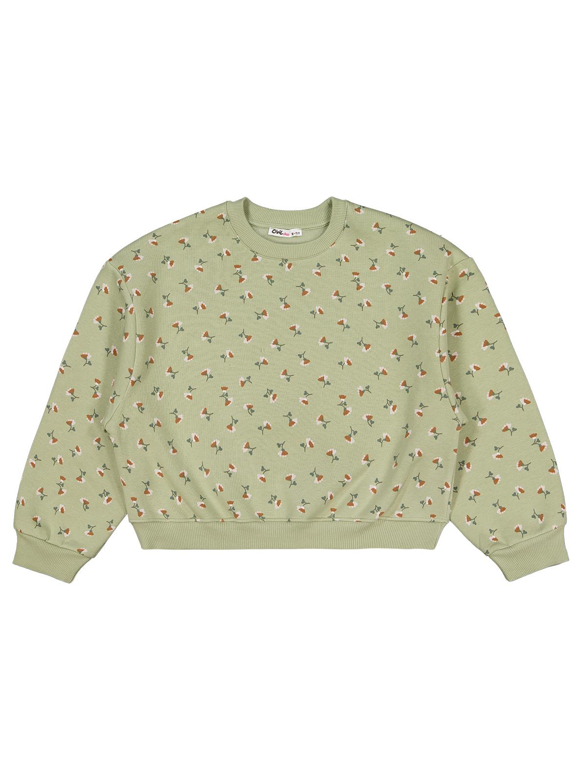 Civil Kız Çocuk Çıtır Çiçek Desenli Sweatshirt | 3 İp Uzun Kol | Okul Kreş ve Günlük Kullanım - Haki