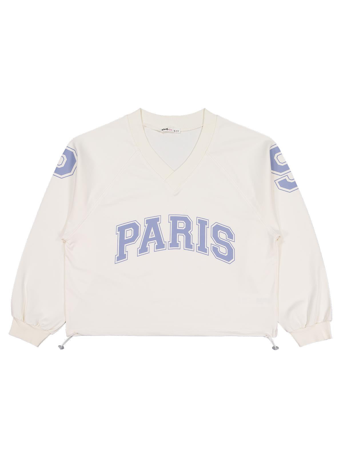 Civil Kız Çocuk Paris Baskılı Sweatshirt | 2 İp Uzun Kol V Yaka | Okul Kreş ve Günlük Kullanım - Ekru