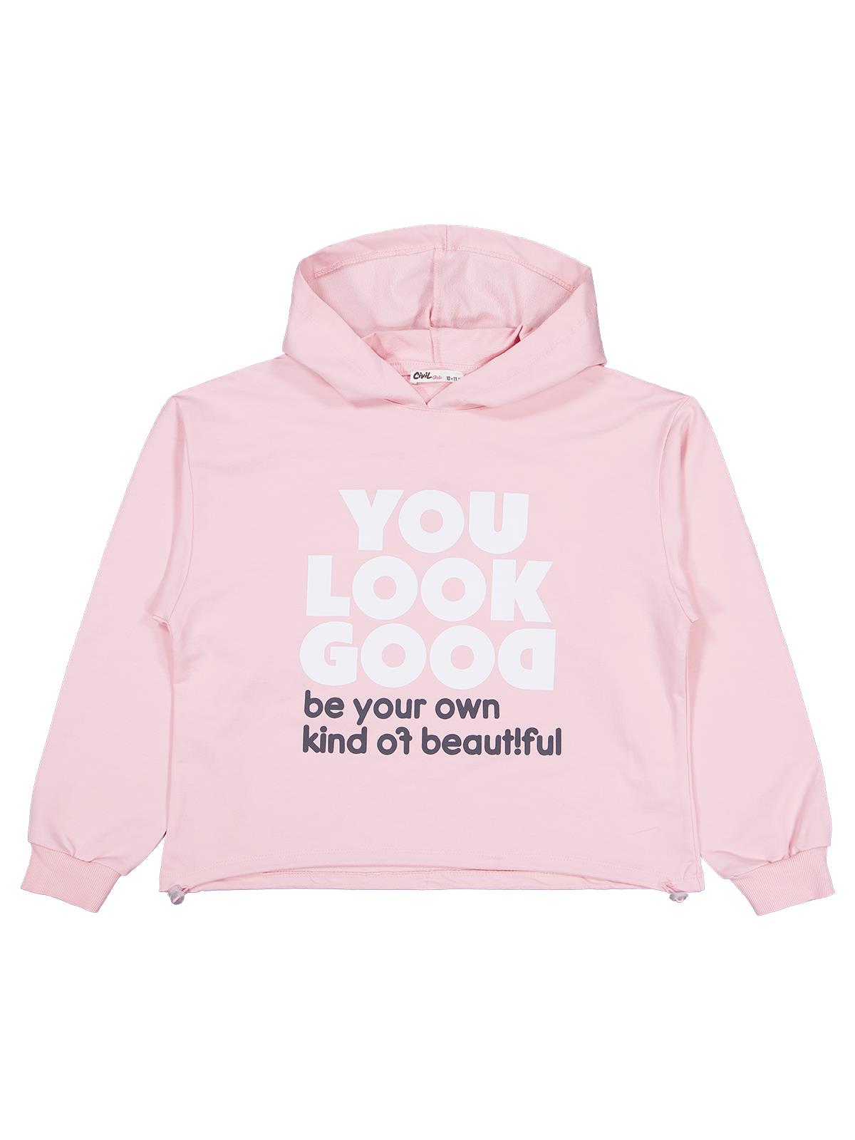 Civil Kız Çocuk You Look Good Baskılı Sweatshirt | 2 İp Uzun Kol | Okul Kreş ve Günlük Kullanım - Pudra