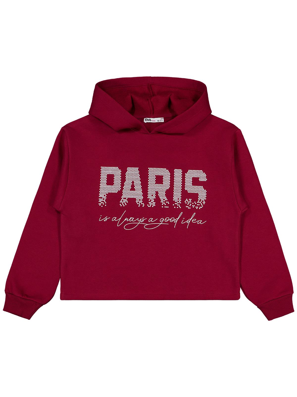 Civil Kız Çocuk Paris Baskılı Sweatshirt | 3 İp Uzun Kol Kapşonlu | Okul Kreş ve Günlük Kullanım - Bordo