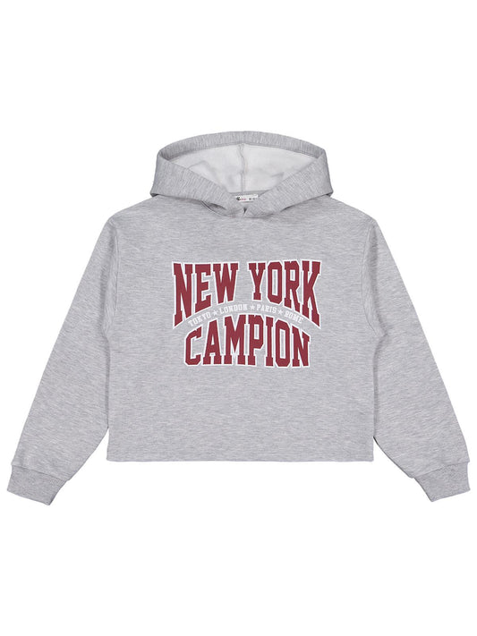 Civil Kız Çocuk New York Campion Baskılı Sweatshirt | 3 İp Uzun Kol | Okul Kreş ve Günlük Kullanım - Gri