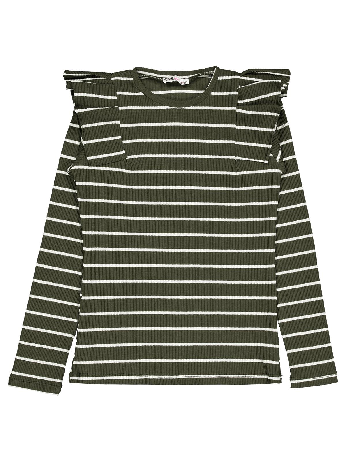 Civil Kız Çocuk İnce Çizgili Sweatshirt | Kaşkorse Uzun Kol | Okul Kreş ve Günlük Kullanım - Haki
