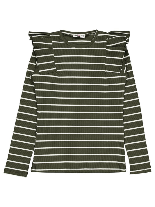 Civil Kız Çocuk İnce Çizgili Sweatshirt | Kaşkorse Uzun Kol | Okul Kreş ve Günlük Kullanım - Haki