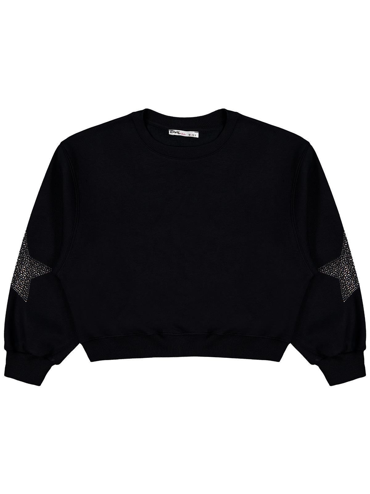 Civil Kız Çocuk Taşlı Yıldız Nakışlı Sweatshirt | 3 İp Uzun Kol | Okul Kreş ve Günlük Kullanım - Siyah