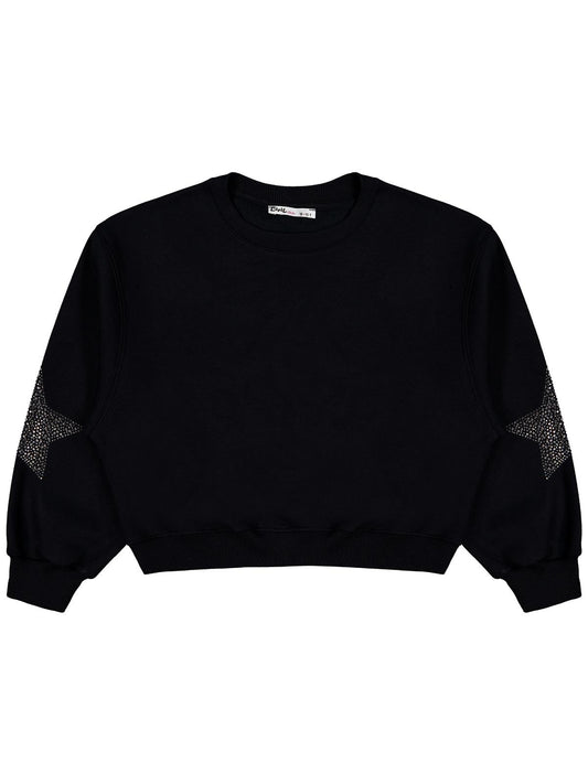 Civil Kız Çocuk Taşlı Yıldız Nakışlı Sweatshirt | 3 İp Uzun Kol | Okul Kreş ve Günlük Kullanım - Siyah