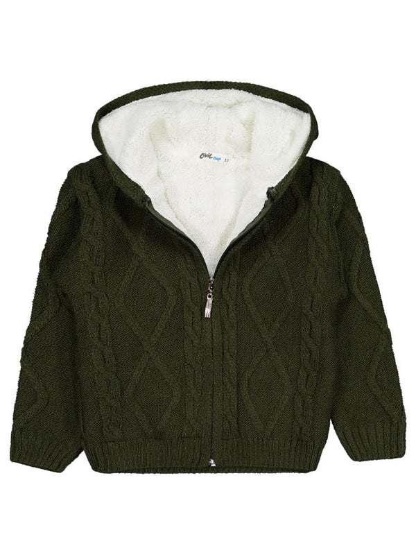 Civil Boys Saç Örgülü İçi Polarlı Kapşonlu 2-5 Yaş Hırka - Yeşil