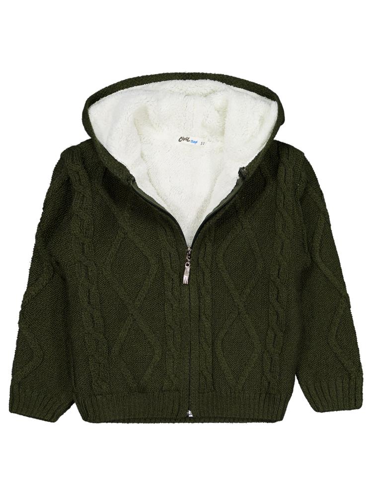 Civil Boys Saç Örgülü İçi Polarlı Kapşonlu 2-5 Yaş Hırka - Yeşil