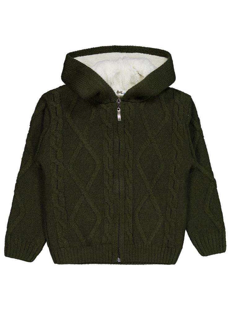 Civil Boys Saç Örgülü İçi Polarlı Kapşonlu 2-5 Yaş Hırka - Yeşil