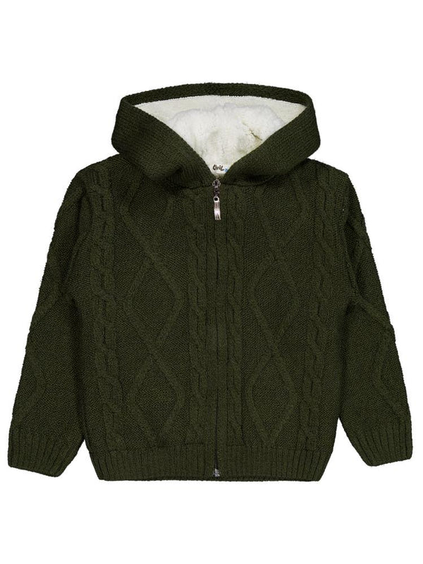 Civil Boys Saç Örgülü İçi Polarlı Kapşonlu 2-5 Yaş Hırka - Yeşil