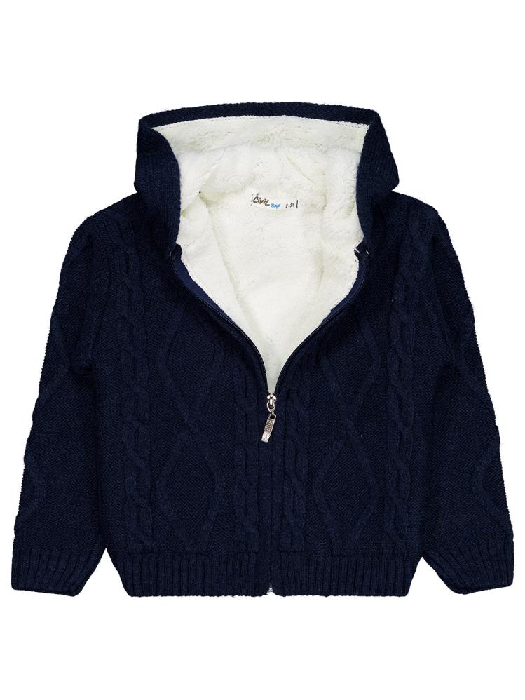 Civil Boys Saç Örgülü İçi Polarlı Kapşonlu 2-5 Yaş Hırka - Lacivert